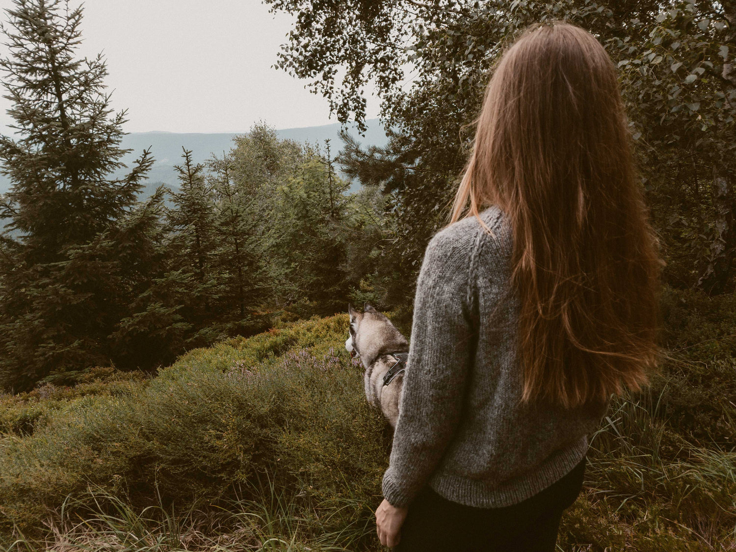 Designer Ulven in a grey Wullpullover sweater handknit in Pommernglück from Calling Sheep, standing on a mountain slope overlooking a vast scenery, with her husky-malamute dog next to her.