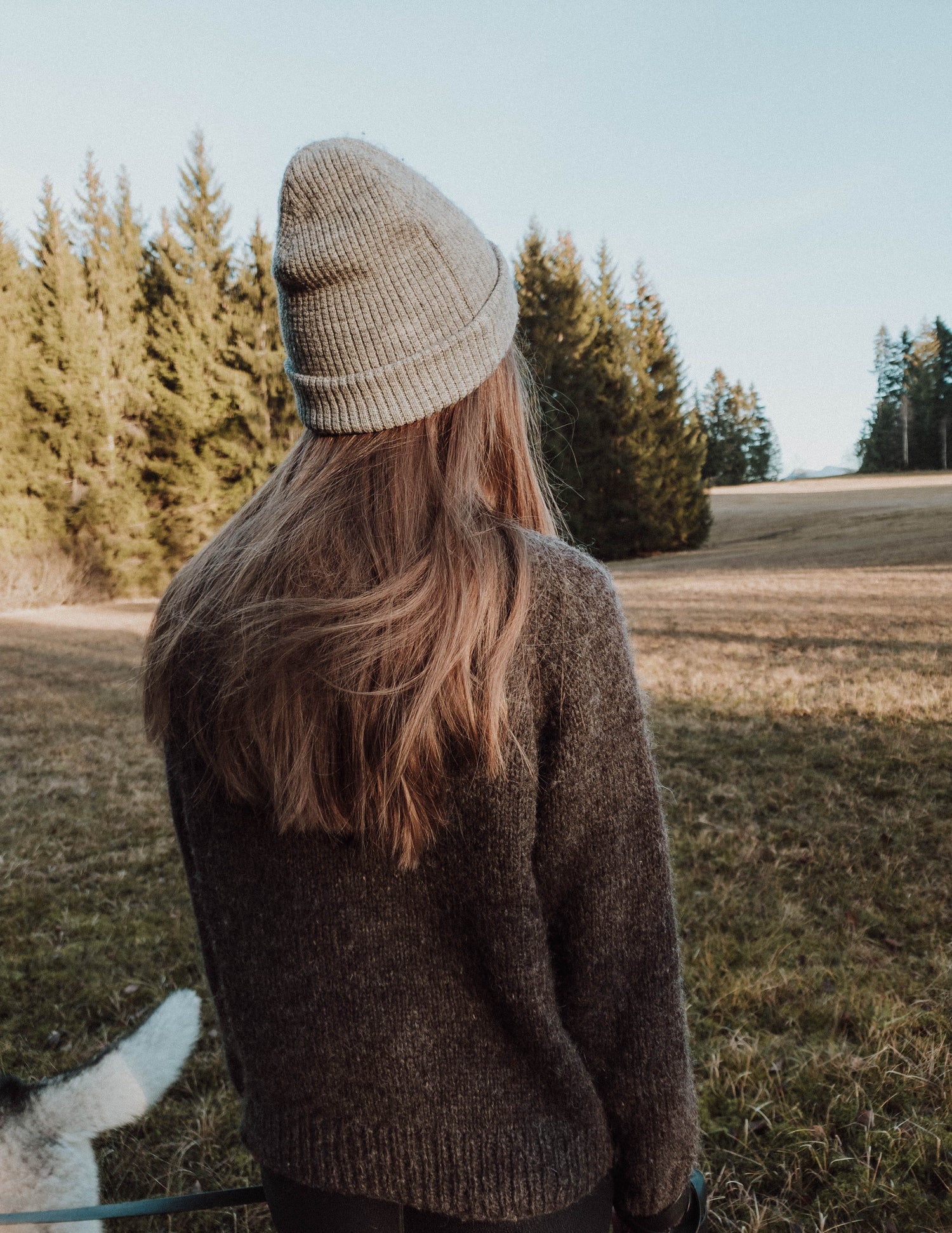 Knitwear designer Woodlandsknits with long dark blonde hair, wearing a nature black hand-knitted sweater made from unspun Nutiden yarn and a grey hat, standing in an alpine field at sundown, gazing towards the horizon lined with tall trees; a tip of a husky's tail is visible in the corner.